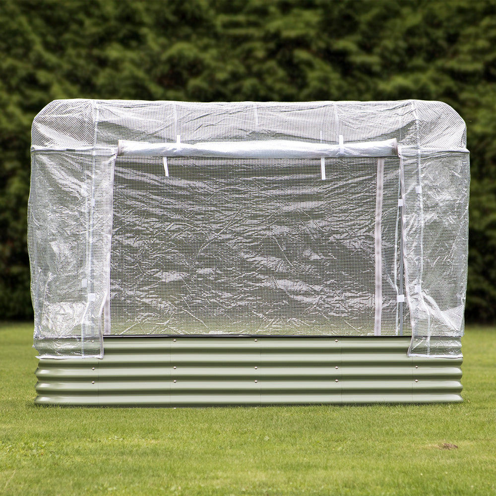 raised garden bed with open greenhouse cover
