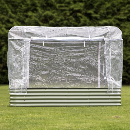 raised garden bed with open greenhouse cover
