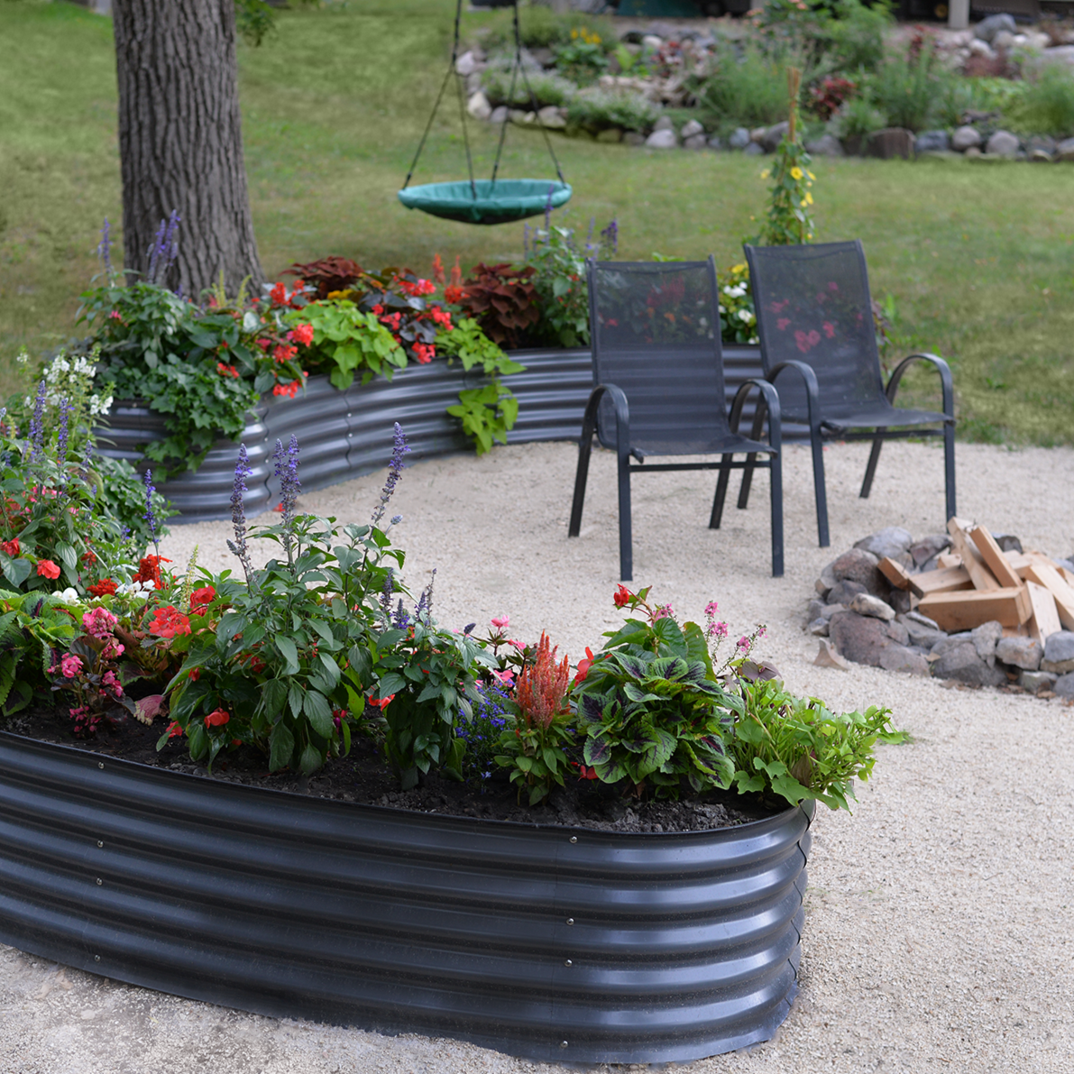 17" Crescent Curved Raised Garden Bed  with flowers in backyard in Canada
