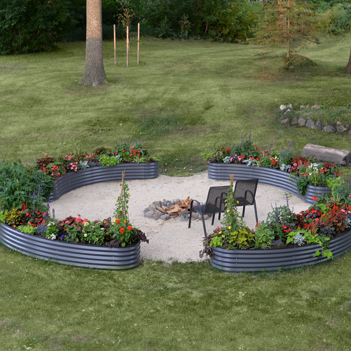 17" Crescent Curved Raised Garden Beds with flowers in backyard in Canada