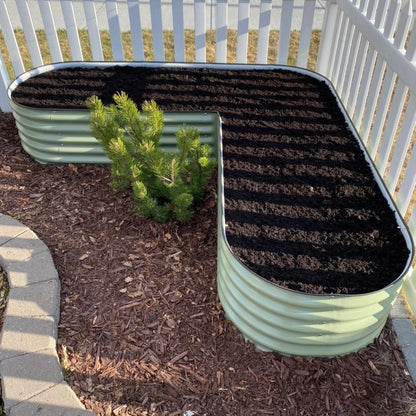 17” Tall L-Shape Metal Raised Garden Bed Kit filled with soil